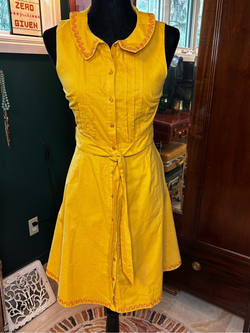 ModCloth 100% cotton canary yellow belted sleeveless shirtdress size S